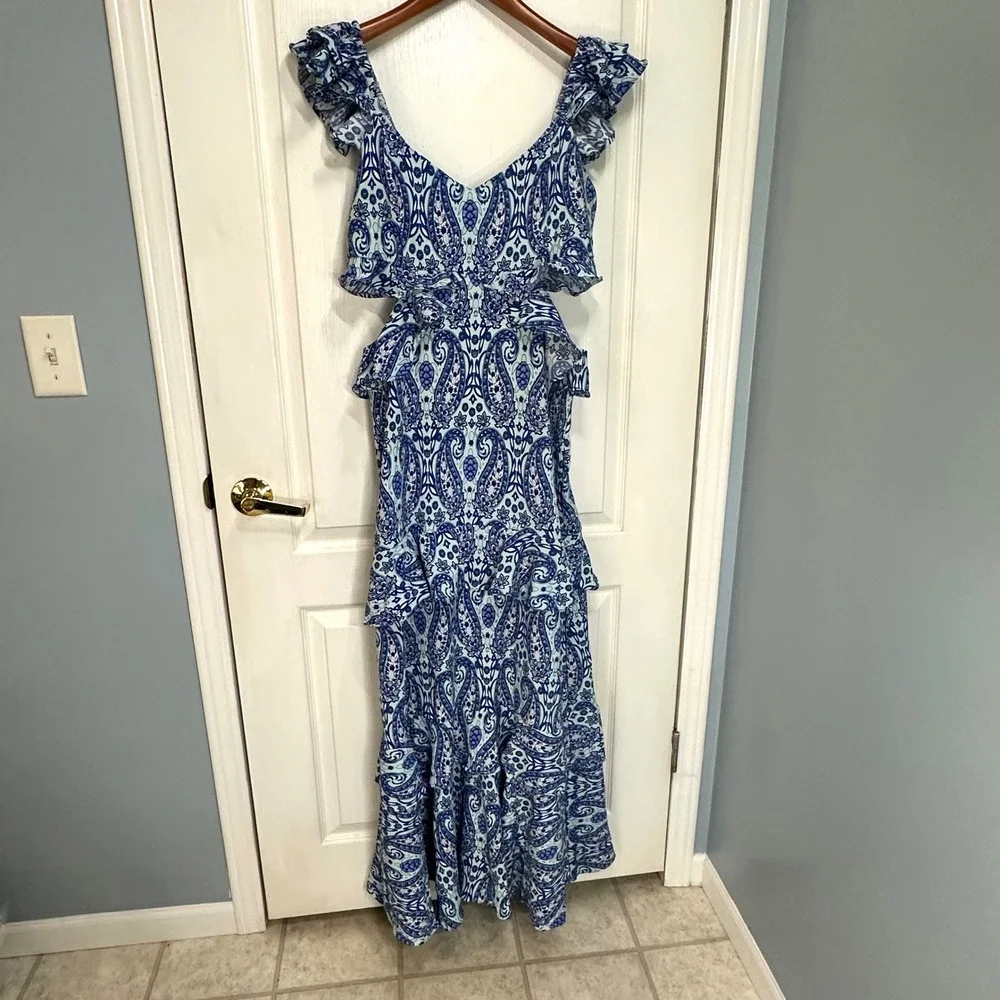 Simply Southern Blue Paisley Cut-Out Tiered Maxi Dress Womens Medium Ruffle Boho